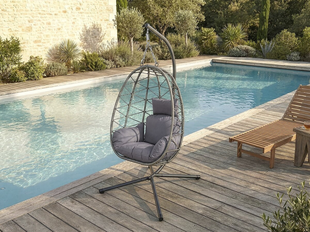 Fauteuil oeuf suspendu en rotin "Cosi" - 99 x 92 x 194 cm - Gris