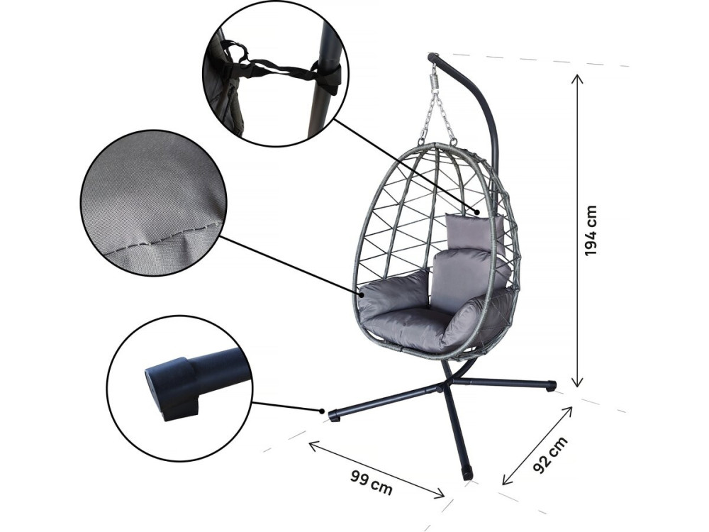 Fauteuil oeuf suspendu en rotin "Cosi" - 99 x 92 x 194 cm - Gris