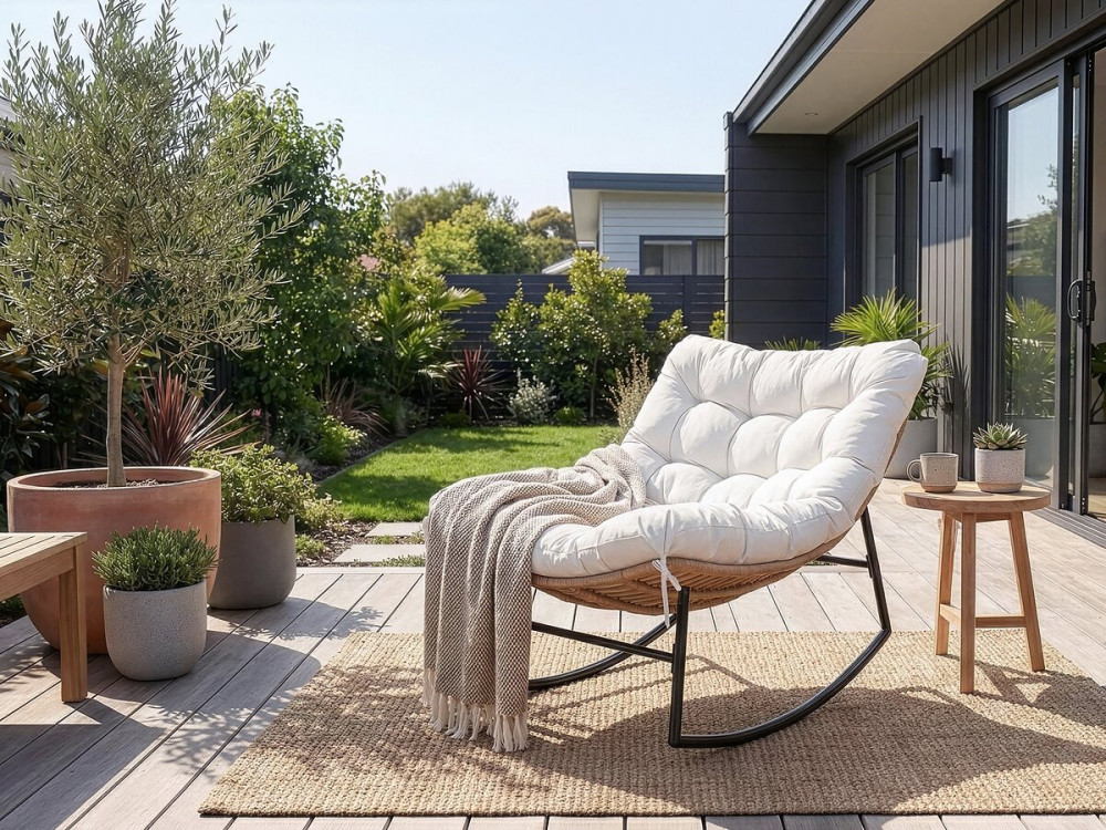 Fauteuil à bascule papasan avec coussin intérieur/extérieur "Papaya" - Beige