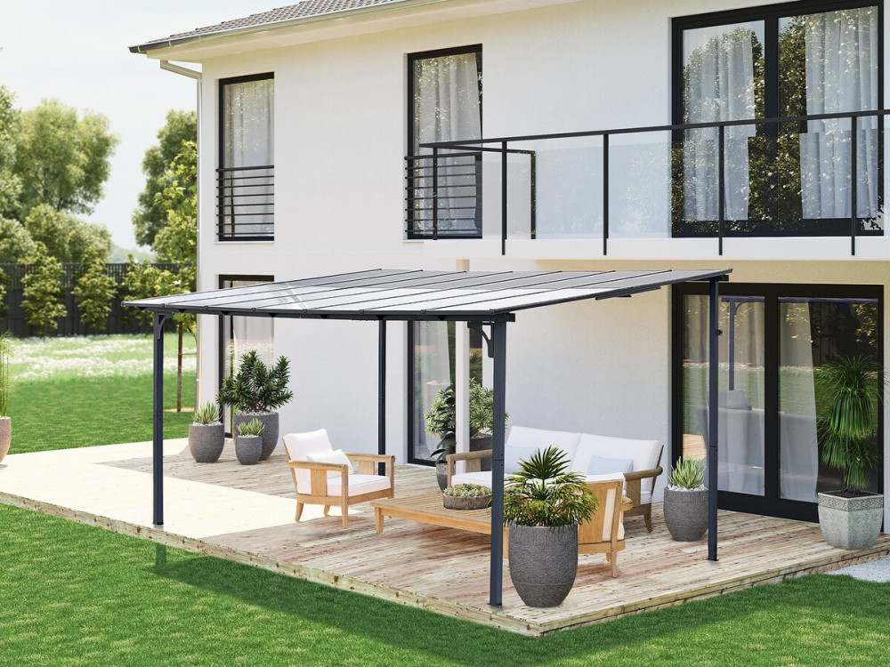 Pergola tonnelle adossée "Marvin" - 4 x 3 m - 423 x 298 x 243 cm - Gris foncé