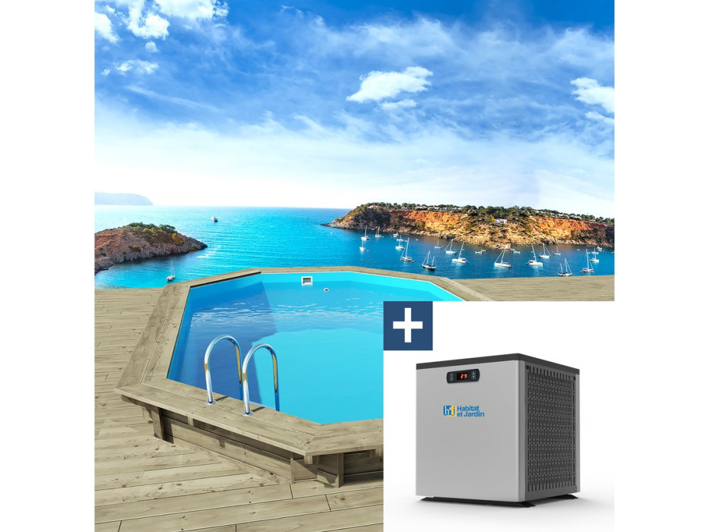 Piscine bois " Miami 120  " - 4.86 x 3.36 x 1.20 m + Mini pompe à chaleur 3.5kW - Métal - Gris