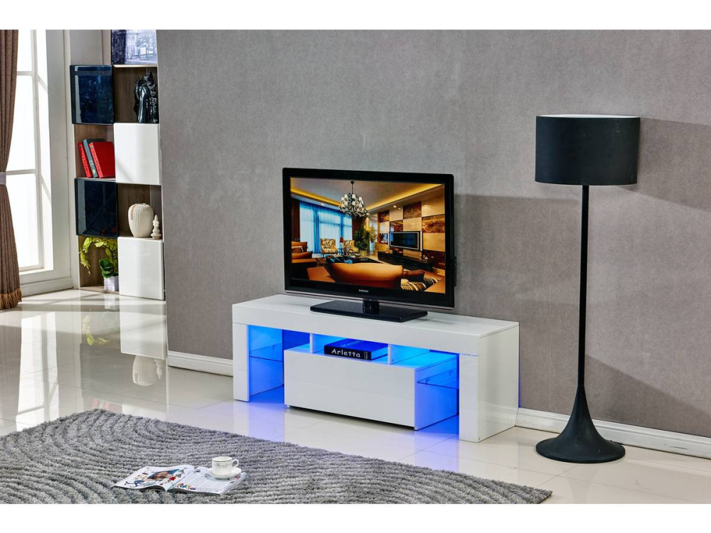 Meuble TV LED "Borda" - 130 x 34 x 45 cm - Blanc laqué