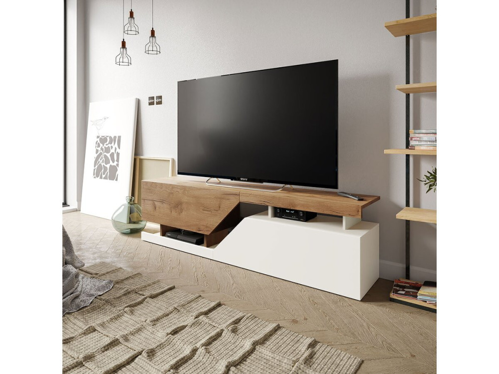 Meuble TV "Ceelias" - 160 x 46 x 35 cm - Blanc/Marron Foncé