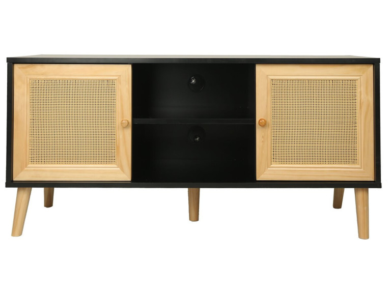 Meuble TV scandinave en cannage "Iguane" - 120 x 30 x 56.5 cm - Noir