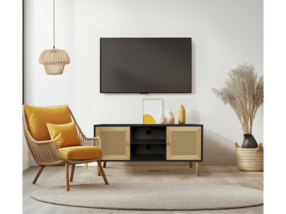 Meuble TV scandinave en cannage "Iguane" - 120 x 30 x 56.5 cm - Noir