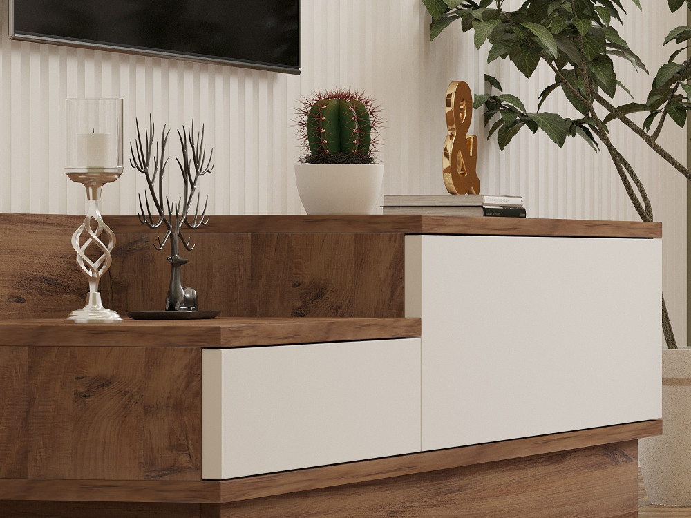 Meuble TV en bois "Barko" - 160 x 35 x 35 cm - Pin atlantiqueBlanc