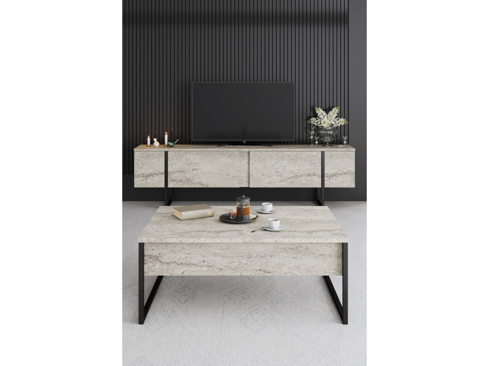 Meuble TV en bois "Luxe" - 180 x 30 x 50 cm - TravertinNoir