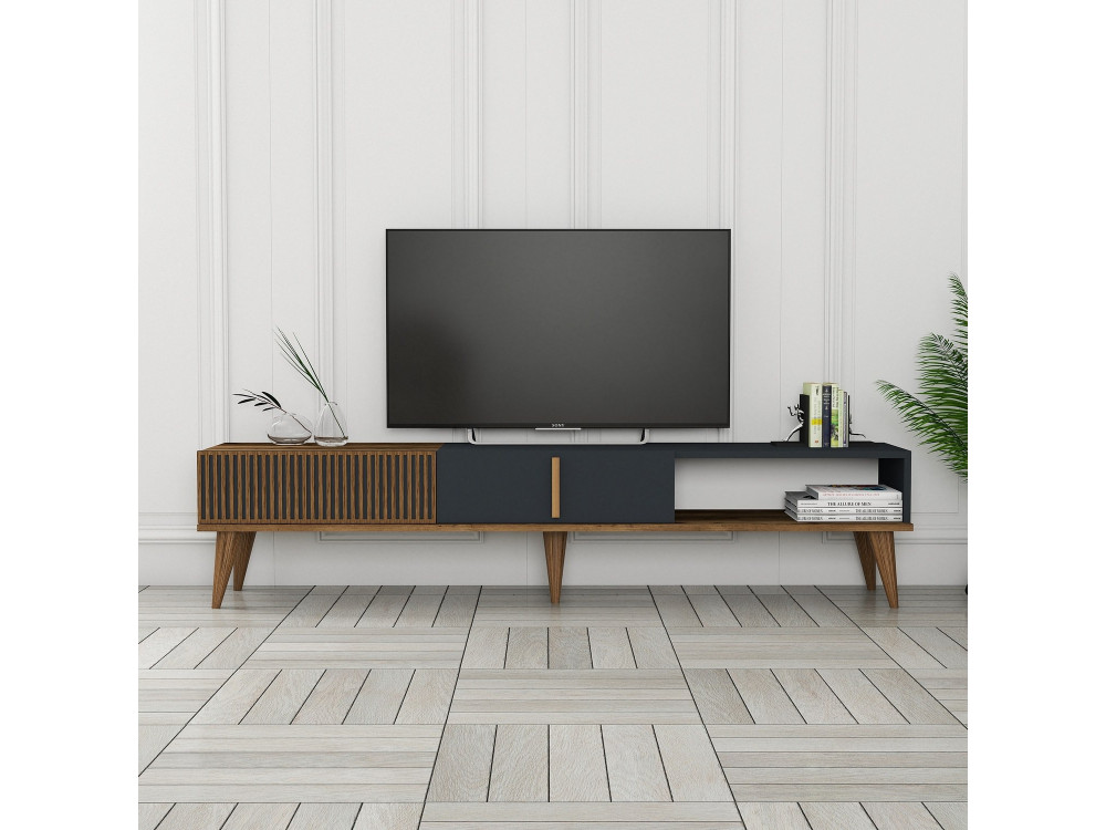 Meuble TV en bois "Milan" - 180 x 35 x 40 cm - Noyer, Anthracite