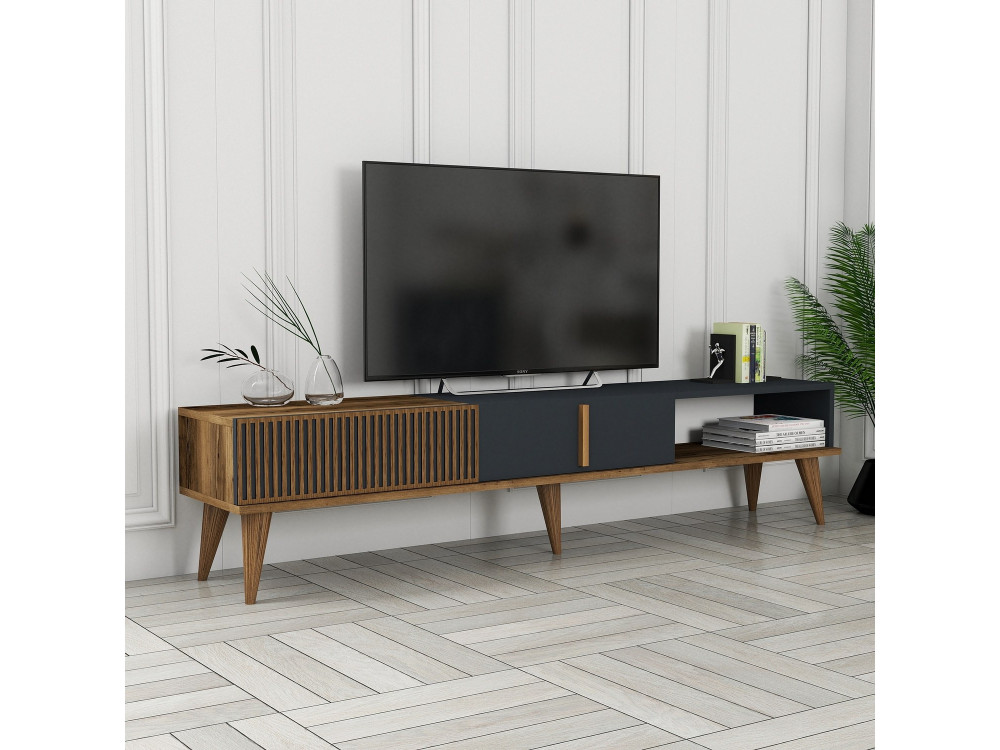 Meuble TV en bois "Milan" - 180 x 35 x 40 cm - Noyer, Anthracite