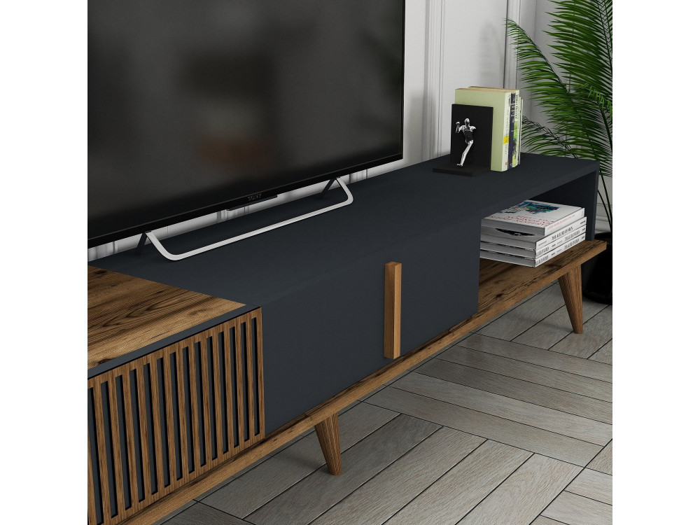 Meuble TV en bois "Milan" - 180 x 35 x 40 cm - Noyer, Anthracite