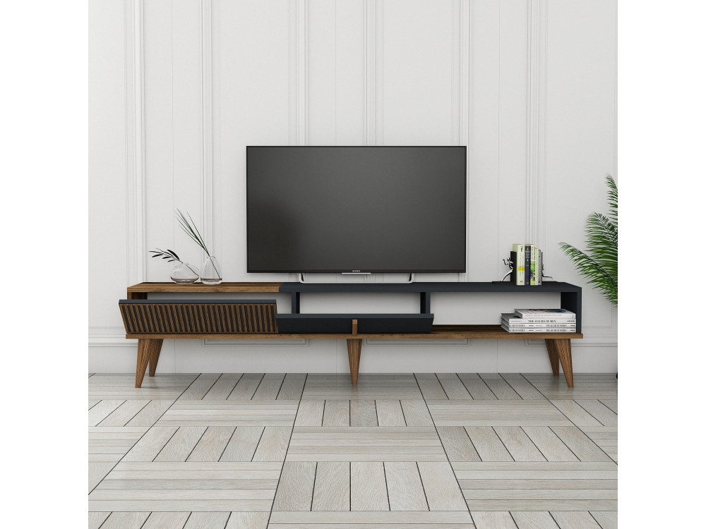 Meuble TV en bois "Milan" - 180 x 35 x 40 cm - Noyer, Anthracite