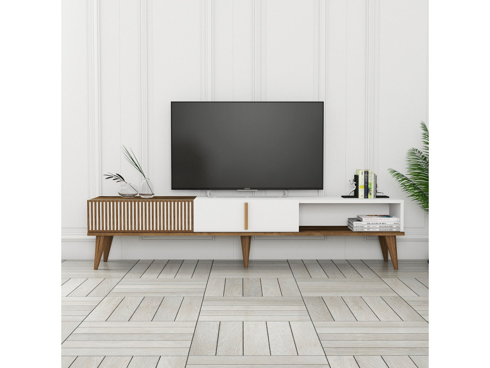 Meuble TV en bois "Milan" - 180 x 35 x 40 cm - Noyer, Blanc