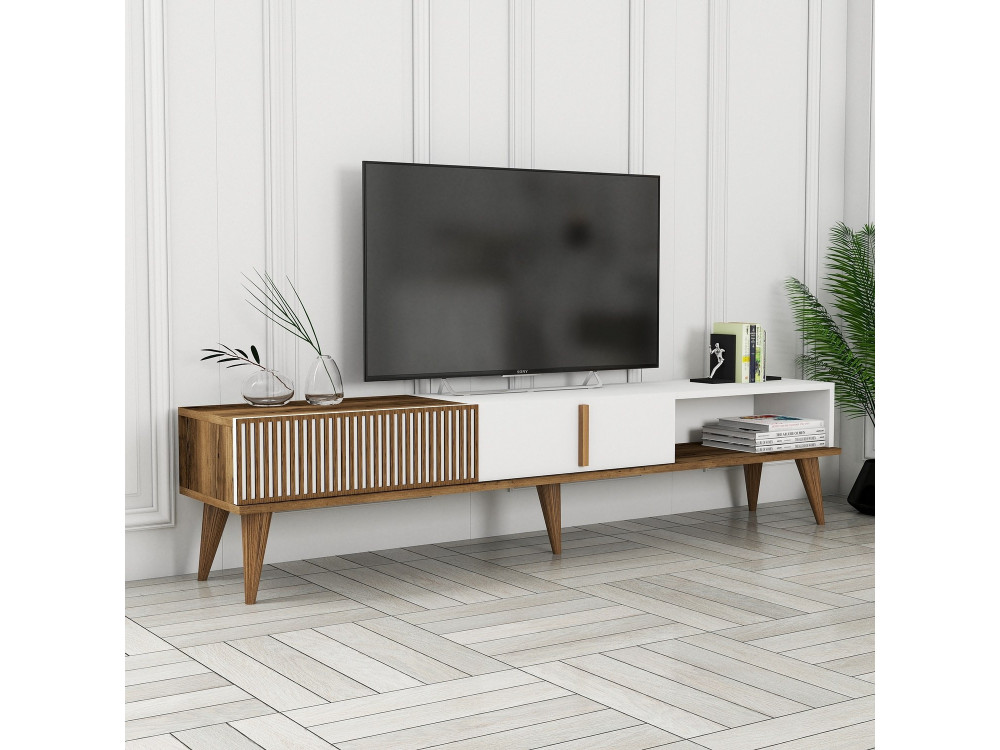 Meuble TV en bois "Milan" - 180 x 35 x 40 cm - Noyer, Blanc