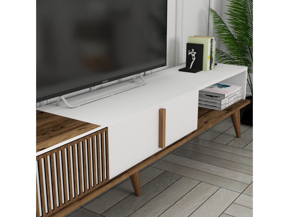 Meuble TV en bois "Milan" - 180 x 35 x 40 cm - Noyer, Blanc