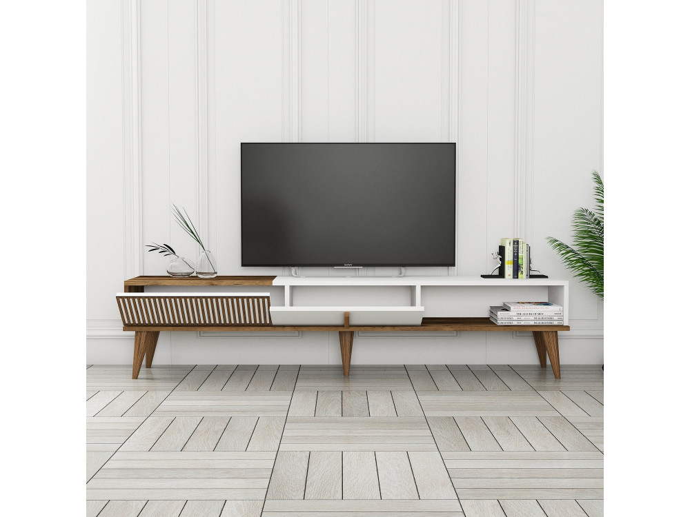 Meuble TV en bois "Milan" - 180 x 35 x 40 cm - Noyer, Blanc