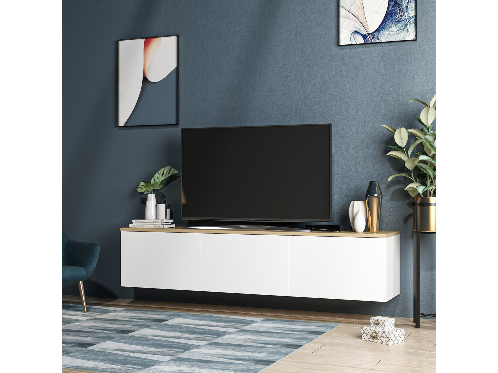 Meuble TV en bois "Neon" - 160 x 32 x 35 cm - Chêne blanc