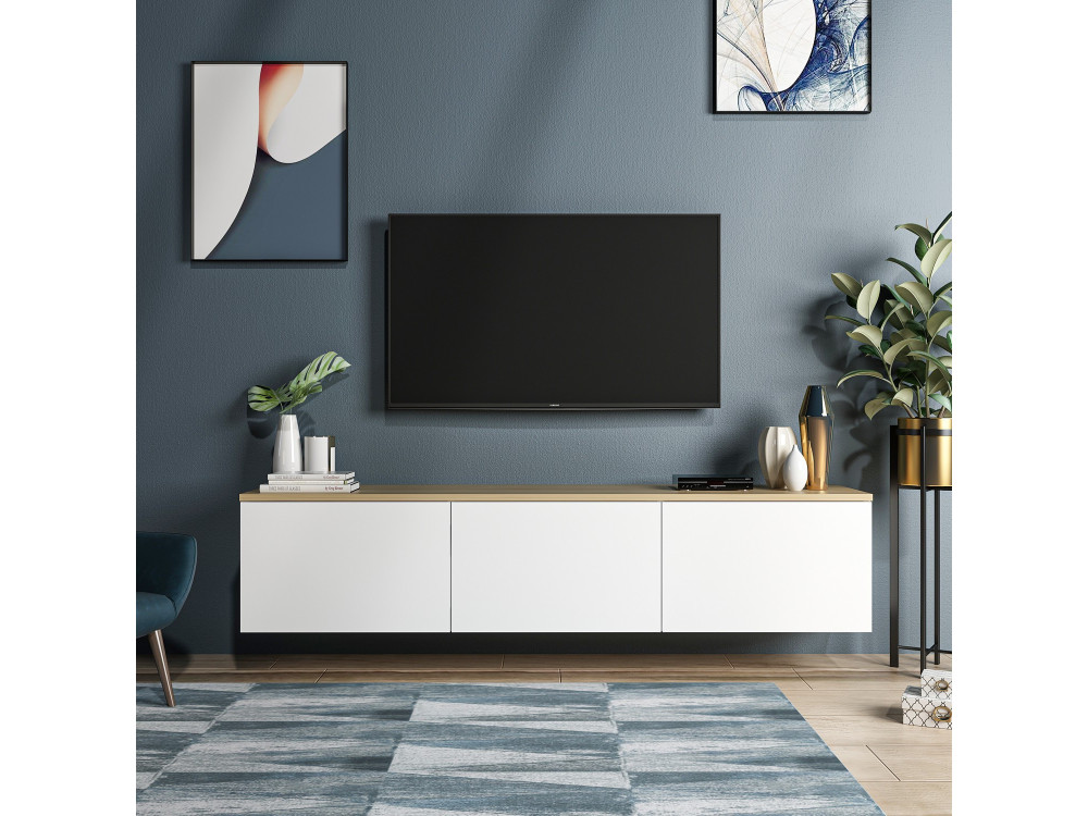 Meuble TV en bois "Neon" - 160 x 32 x 35 cm - Chêne blanc