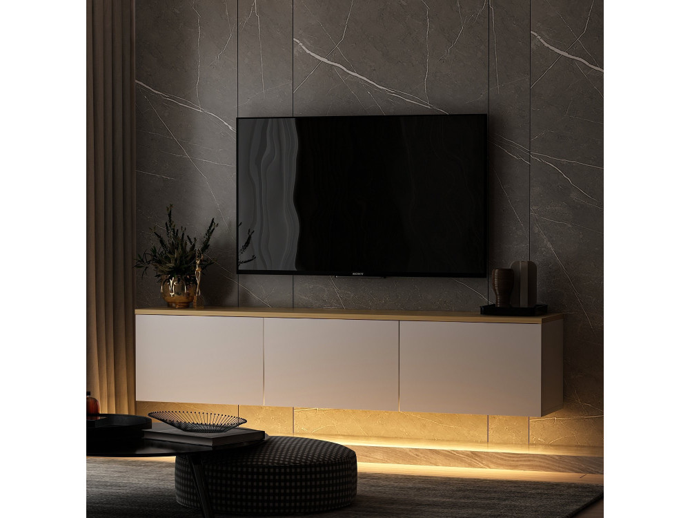 Meuble TV suspendu en bois avec éclairage LED "Neon" - 160 x 32 x 35 cm - Blanc