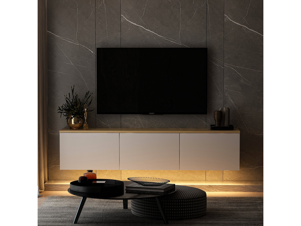 Meuble TV suspendu en bois avec éclairage LED "Neon" - 160 x 32 x 35 cm - Blanc