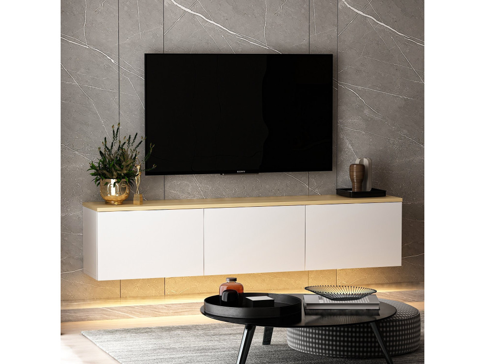 Meuble TV suspendu en bois avec éclairage LED "Neon" - 160 x 32 x 35 cm - Blanc