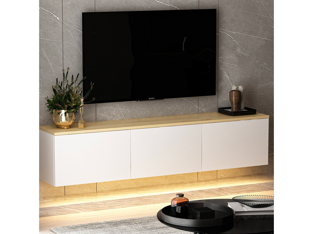 Meuble TV suspendu en bois avec éclairage LED "Neon" - 160 x 32 x 35 cm - Blanc