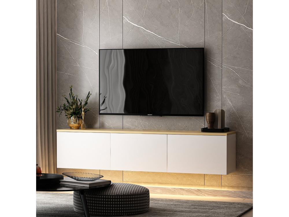 Meuble TV suspendu en bois avec éclairage LED "Neon" - 160 x 32 x 35 cm - Blanc