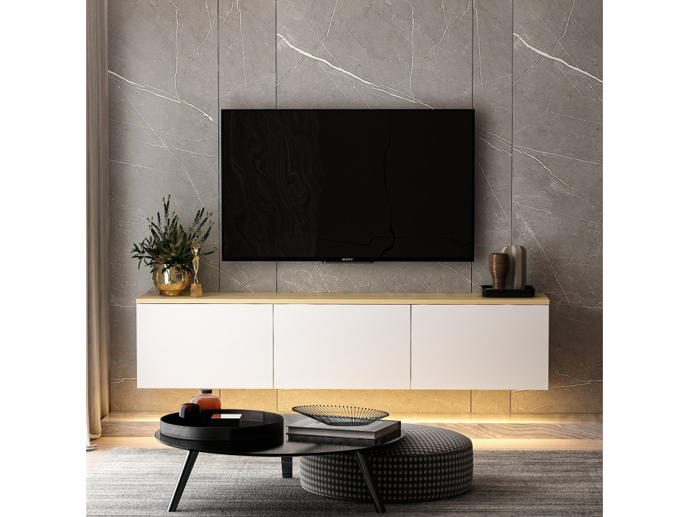 Meuble TV suspendu en bois avec éclairage LED "Neon" - 160 x 32 x 35 cm - Blanc