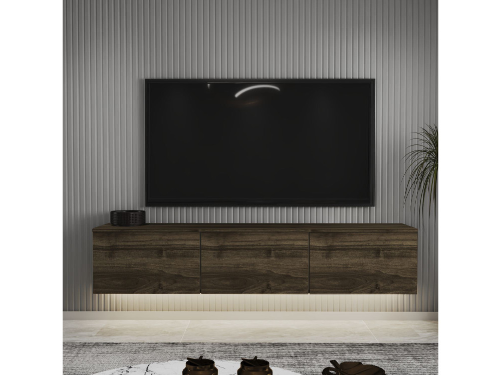 Meuble TV suspendu en bois avec éclairage LED "Neon" - 160 x 32 x 35 cm - Marron foncé