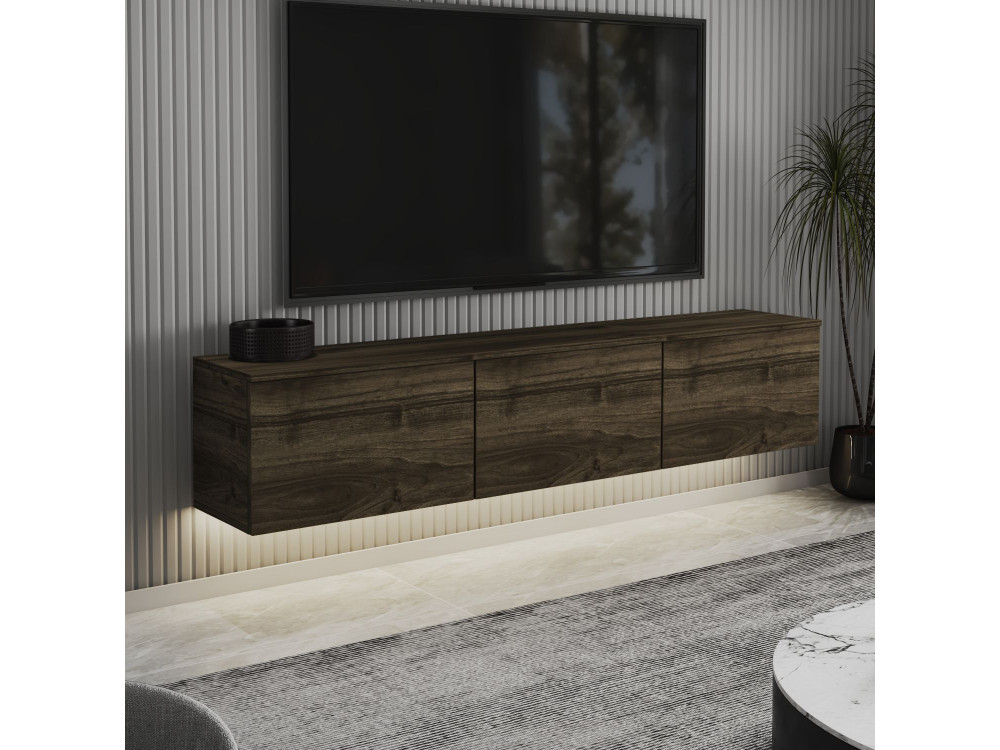 Meuble TV suspendu en bois avec éclairage LED "Neon" - 160 x 32 x 35 cm - Marron foncé