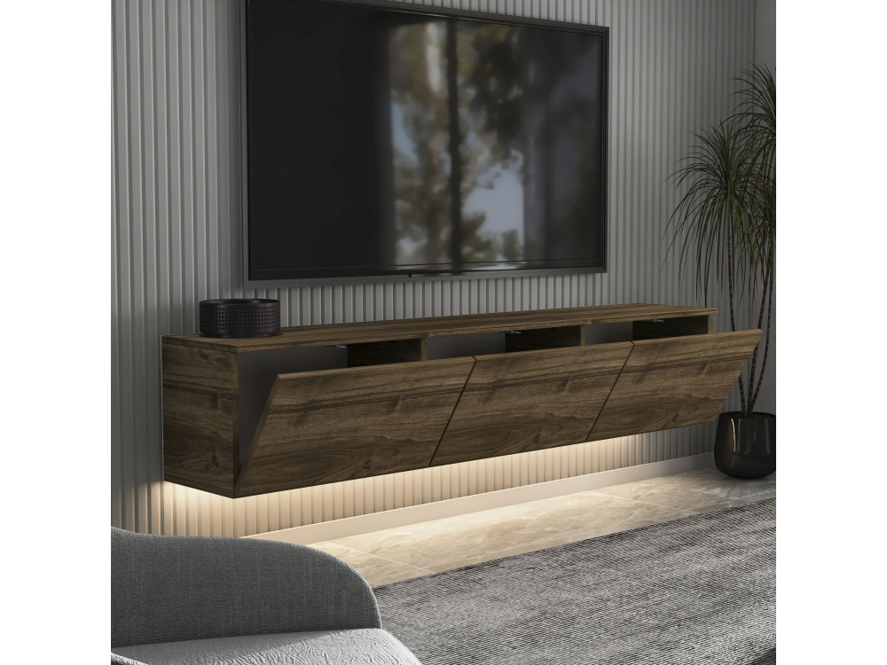 Meuble TV suspendu en bois avec éclairage LED "Neon" - 160 x 32 x 35 cm - Marron foncé
