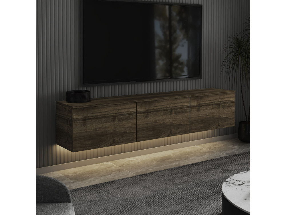 Meuble TV suspendu en bois avec éclairage LED "Neon" - 160 x 32 x 35 cm - Marron foncé