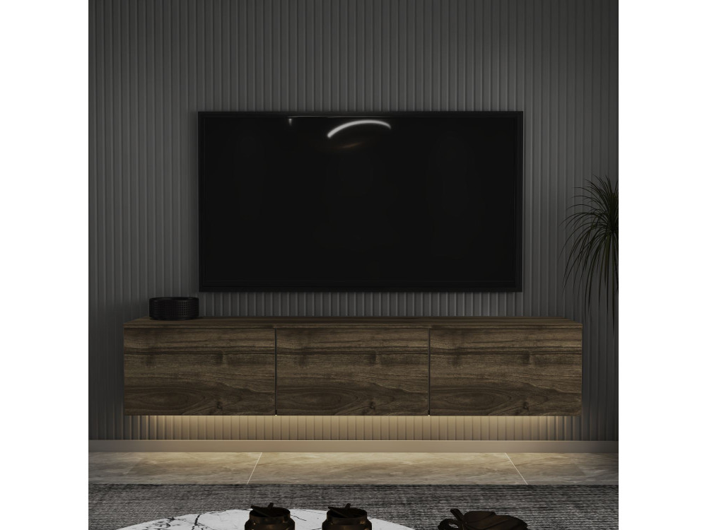 Meuble TV suspendu en bois avec éclairage LED "Neon" - 160 x 32 x 35 cm - Marron foncé