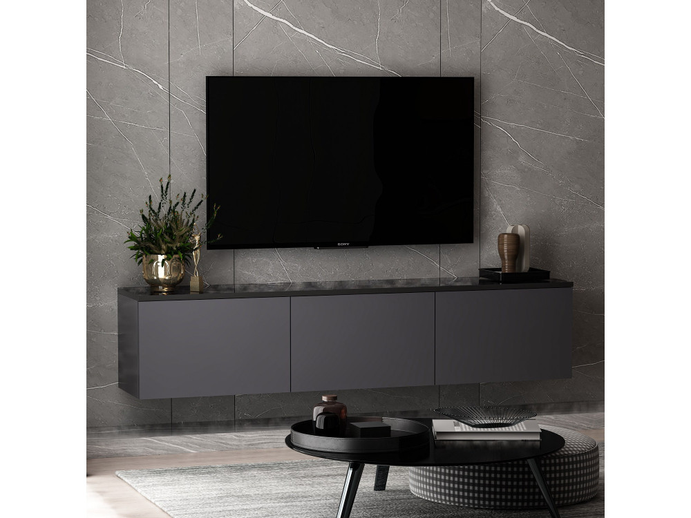 Meuble TV suspendu en bois avec éclairage LED "Neon" - 160 x 32 x 35 cm - Gris anthracite