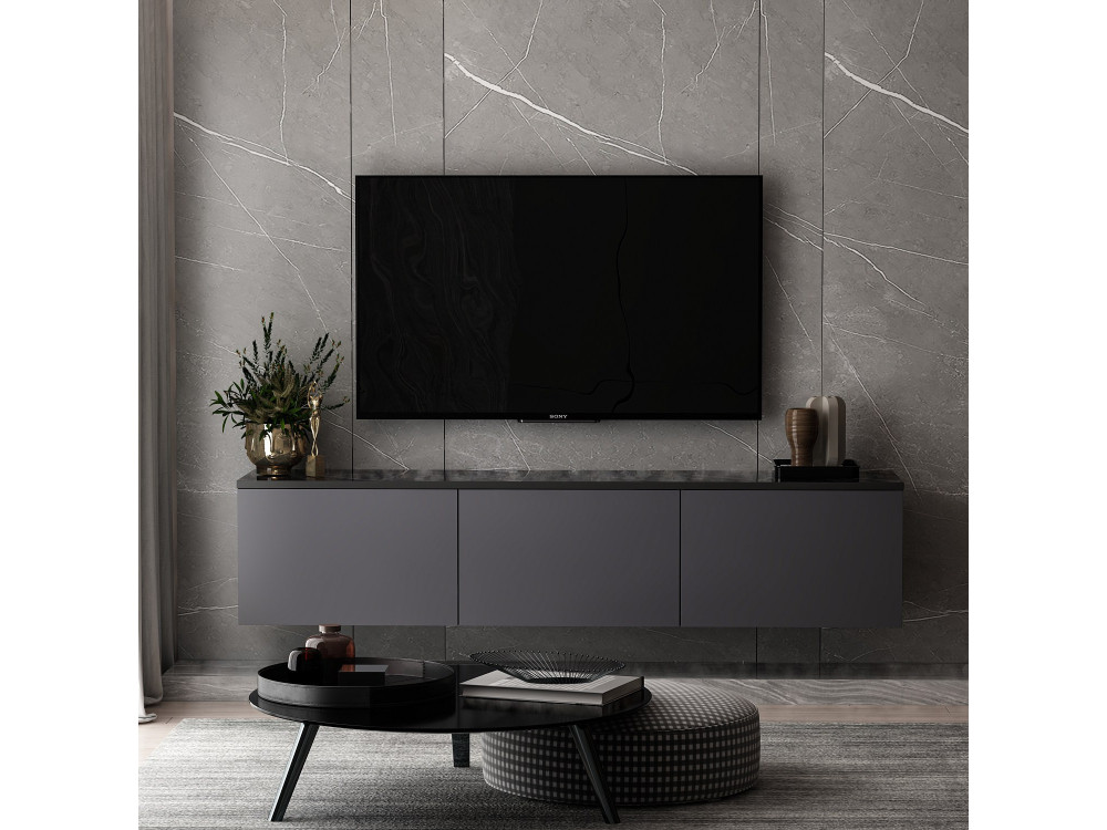 Meuble TV suspendu en bois avec éclairage LED "Neon" - 160 x 32 x 35 cm - Gris anthracite
