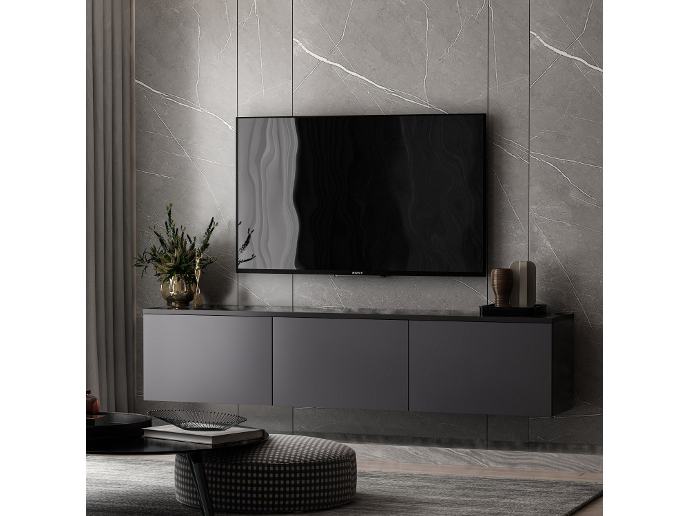 Meuble TV suspendu en bois avec éclairage LED "Neon" - 160 x 32 x 35 cm - Gris anthracite