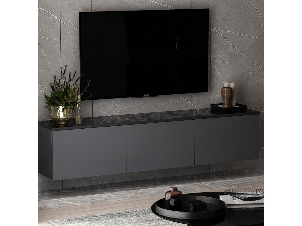 Meuble TV suspendu en bois avec éclairage LED "Neon" - 160 x 32 x 35 cm - Gris anthracite