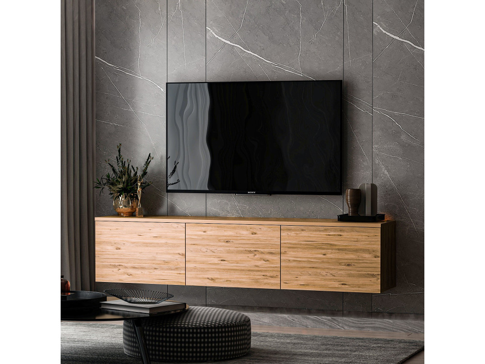 Meuble TV suspendu en bois avec éclairage LED "Neon" - 160 x 32 x 35 cm - Marron clair
