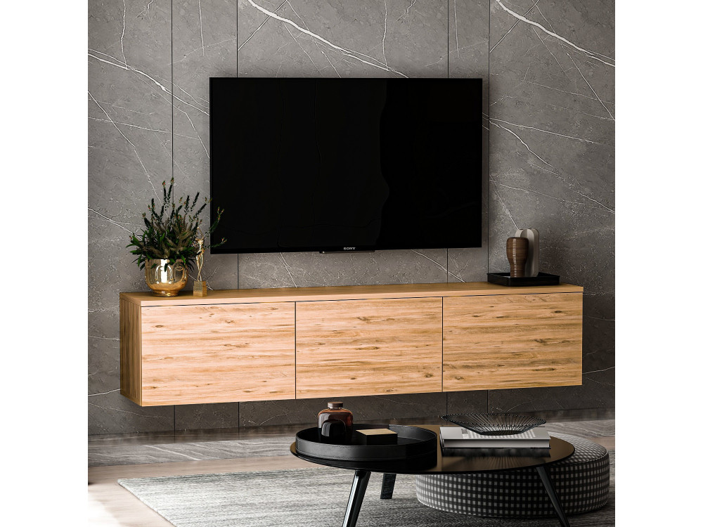 Meuble TV suspendu en bois avec éclairage LED "Neon" - 160 x 32 x 35 cm - Marron clair