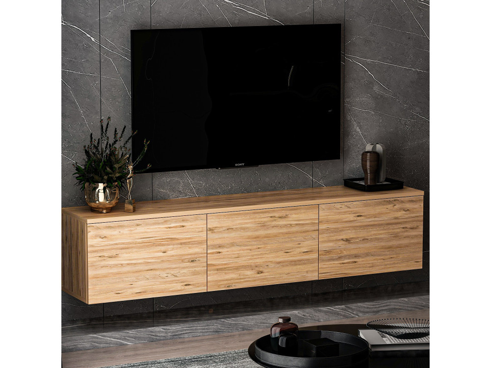 Meuble TV suspendu en bois avec éclairage LED "Neon" - 160 x 32 x 35 cm - Marron clair