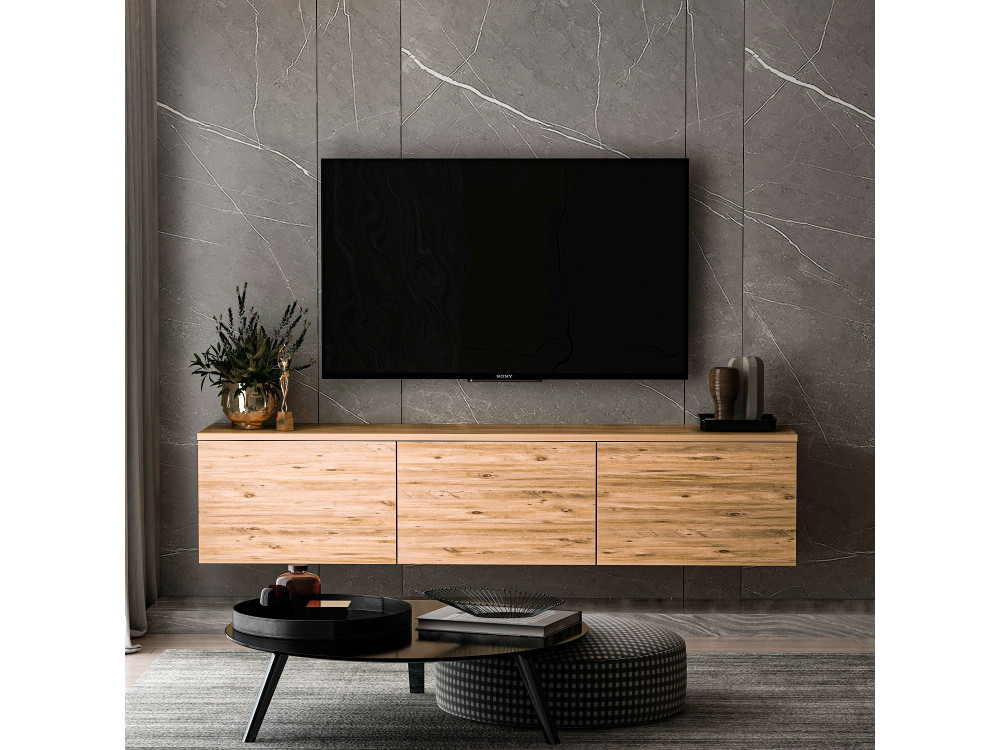 Meuble TV suspendu en bois avec éclairage LED "Neon" - 160 x 32 x 35 cm - Marron clair
