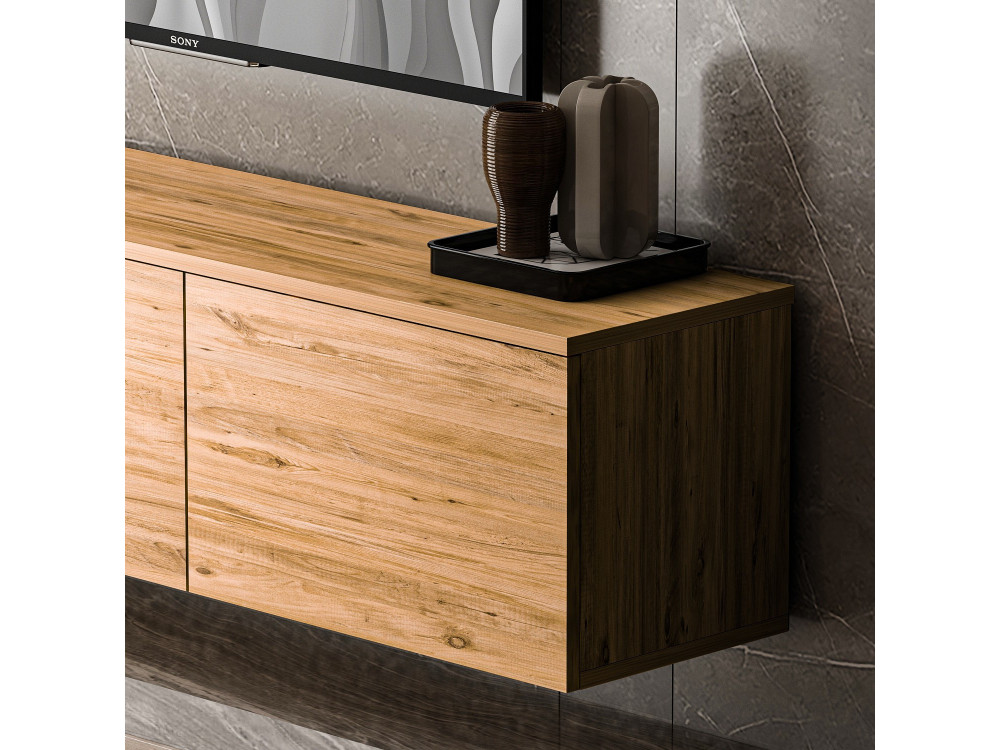 Meuble TV suspendu en bois avec éclairage LED "Neon" - 160 x 32 x 35 cm - Marron clair
