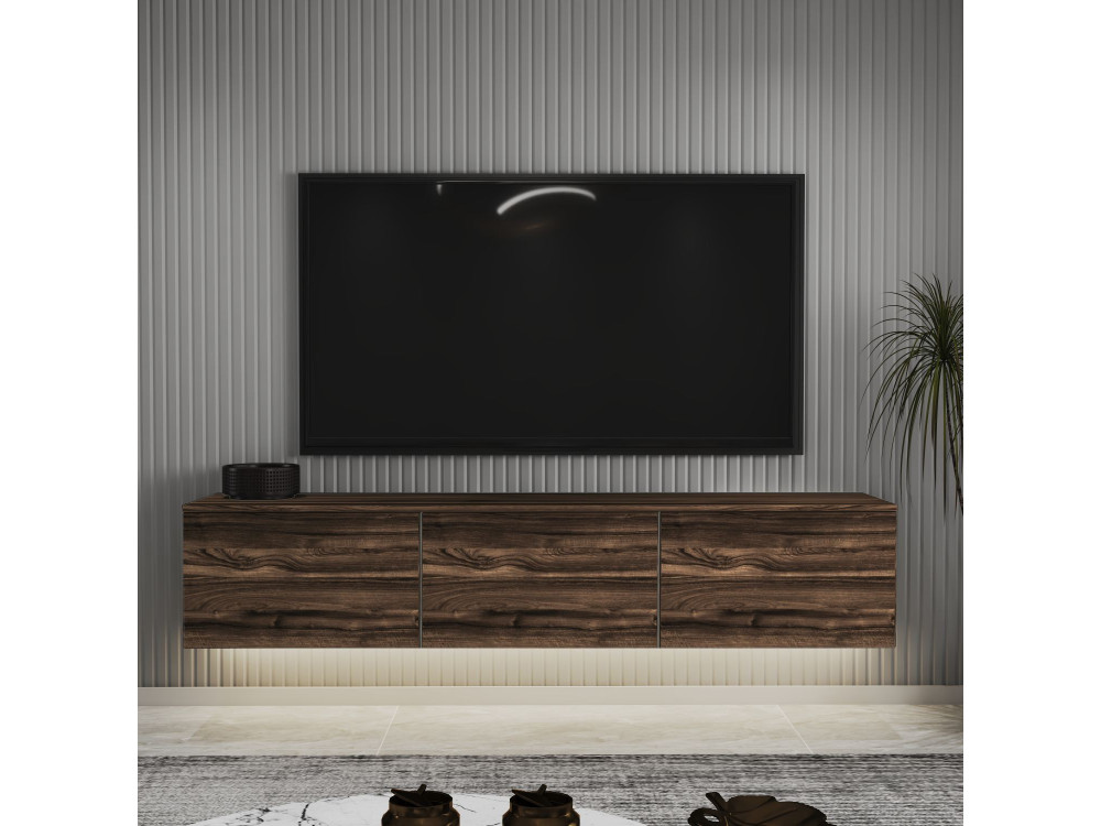 Meuble TV suspendu en bois avec éclairage LED "Neon" - 160 x 32 x 35 cm - Marron
