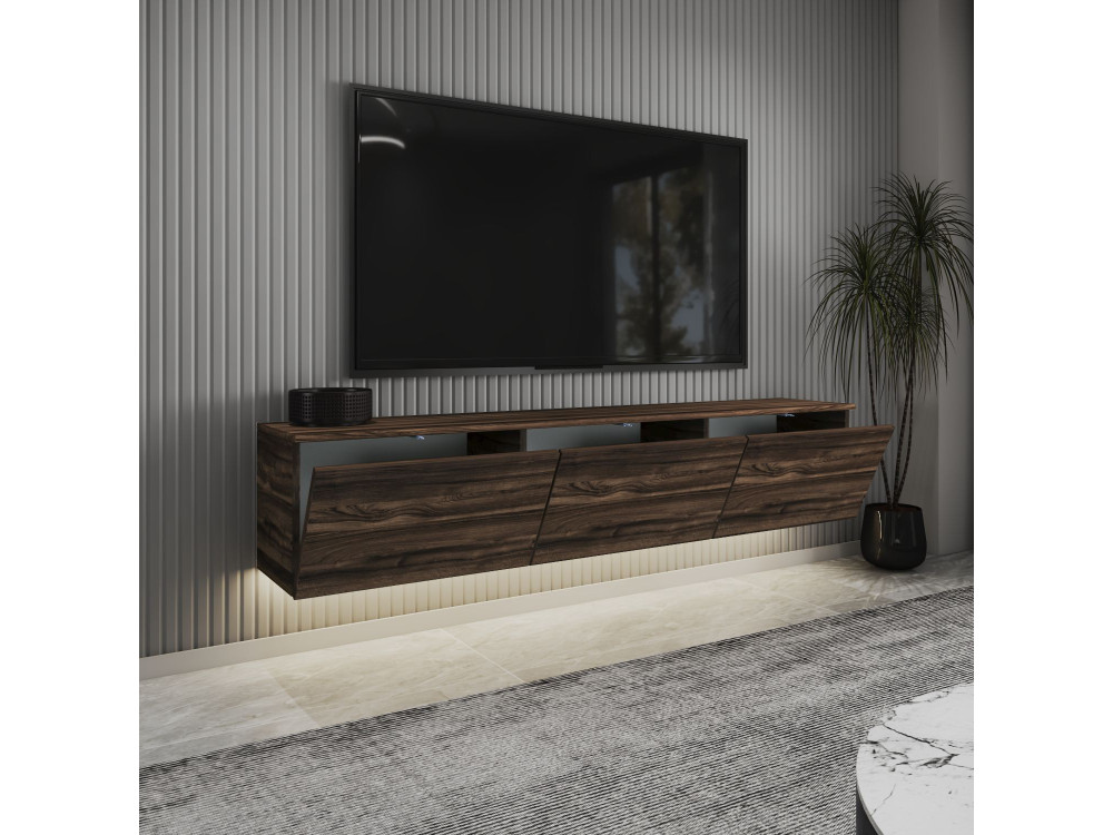 Meuble TV suspendu en bois avec éclairage LED "Neon" - 160 x 32 x 35 cm - Marron