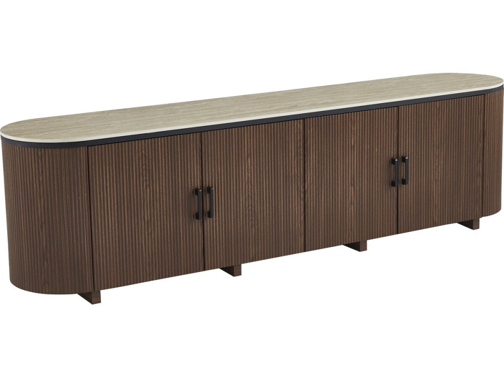 Meuble tv ovale en bois et céramique "Portofino" - 200 x 40 x 55 cm - Marron