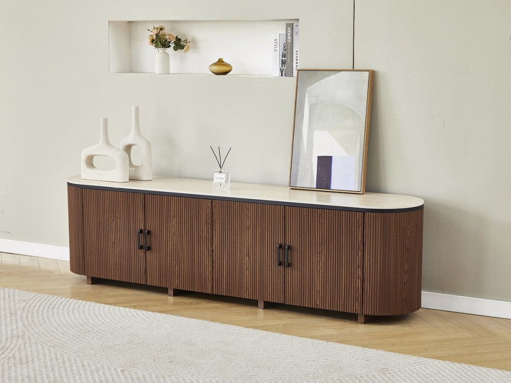Meuble tv ovale en bois et céramique "Portofino" - 200 x 40 x 55 cm - Marron