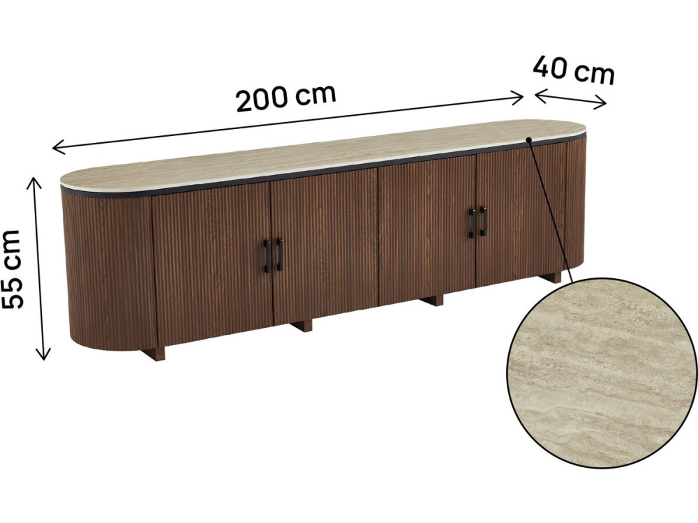 Meuble tv ovale en bois et céramique "Portofino" - 200 x 40 x 55 cm - Marron
