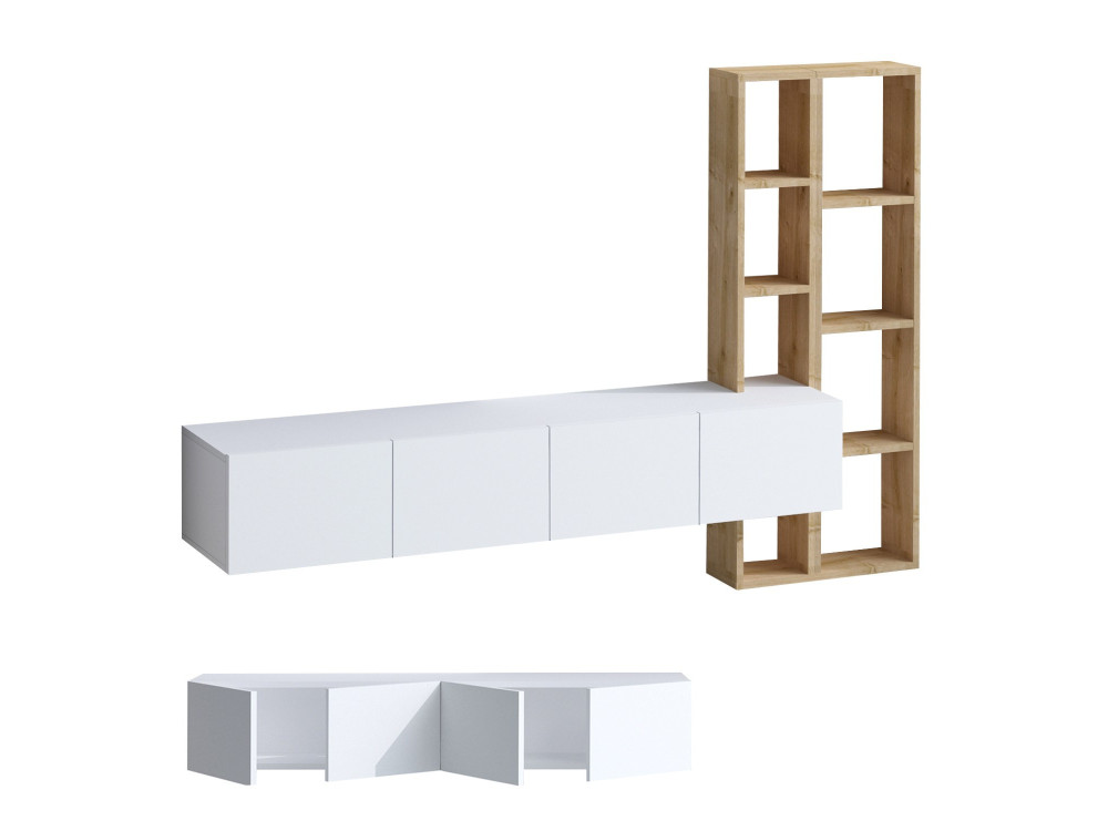Meuble TV en bois "Pana" - 182 x 32 x 25 cm - Blanc, Chêne