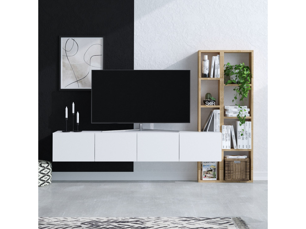 Meuble TV en bois "Pana" - 182 x 32 x 25 cm - Blanc, Chêne
