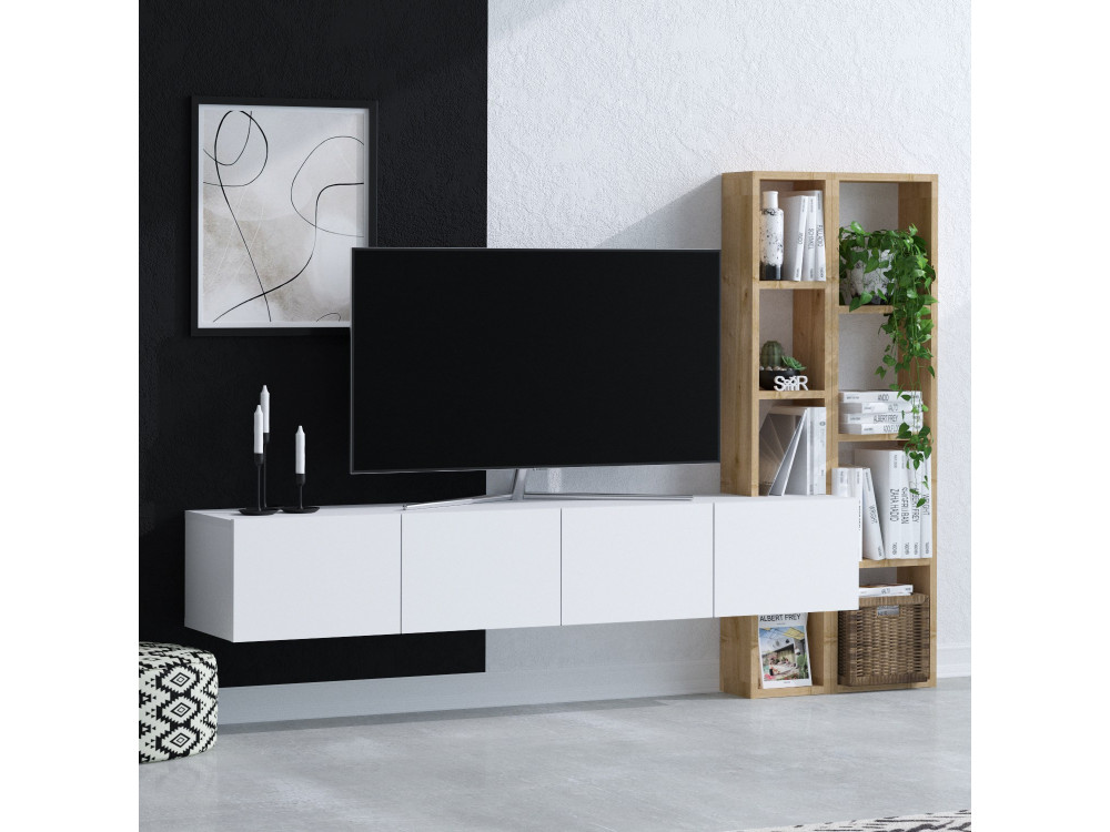 Meuble TV en bois "Pana" - 182 x 32 x 25 cm - Blanc, Chêne