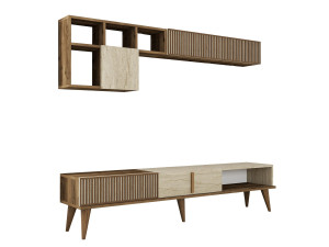 Meuble TV en bois "Milan" - 180 x 35 x 40 cm - Noyer, Travertin